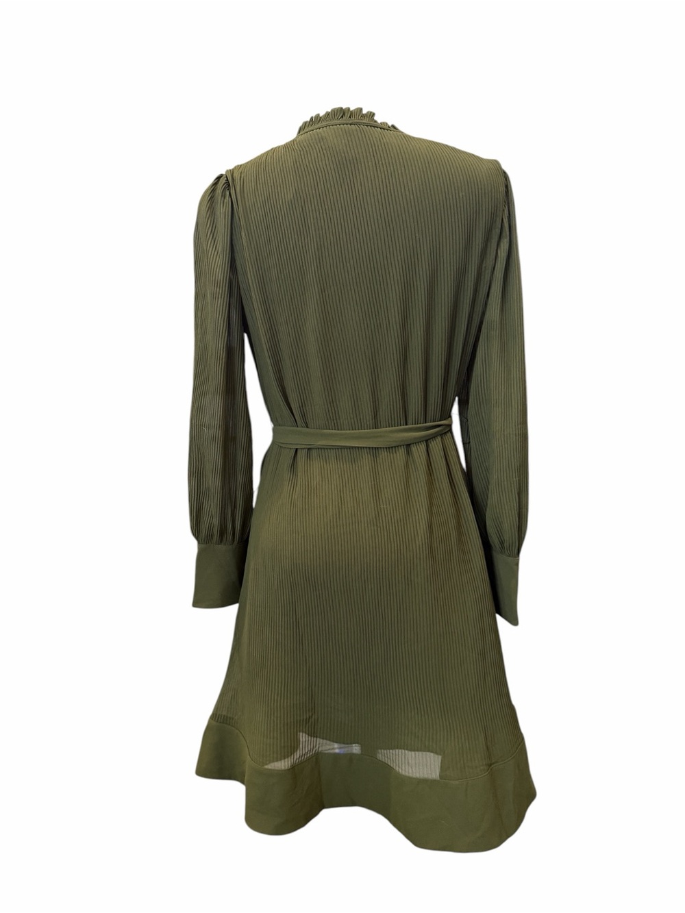 Eliza J Pleated Tie Waist Shift Dress Long Sleeve Split Neck Olive Green 6 NWT - Picture 7 of 14